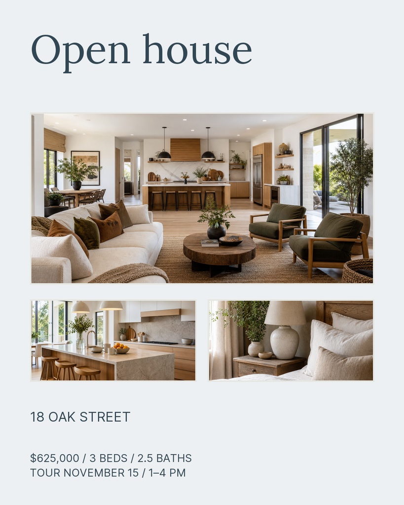 Real estate open house flyer for 18 Oak Street with interior photos, price, beds, baths, and tour details.