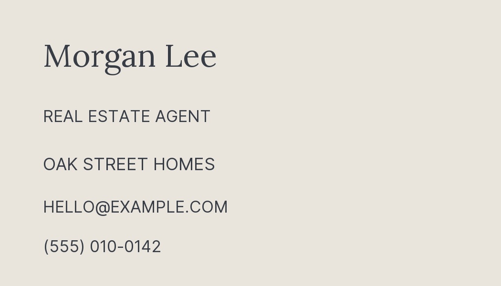 Minimal business card with Morgan Lee, real estate agent, Oak Street Homes, email, and phone number on a light background.