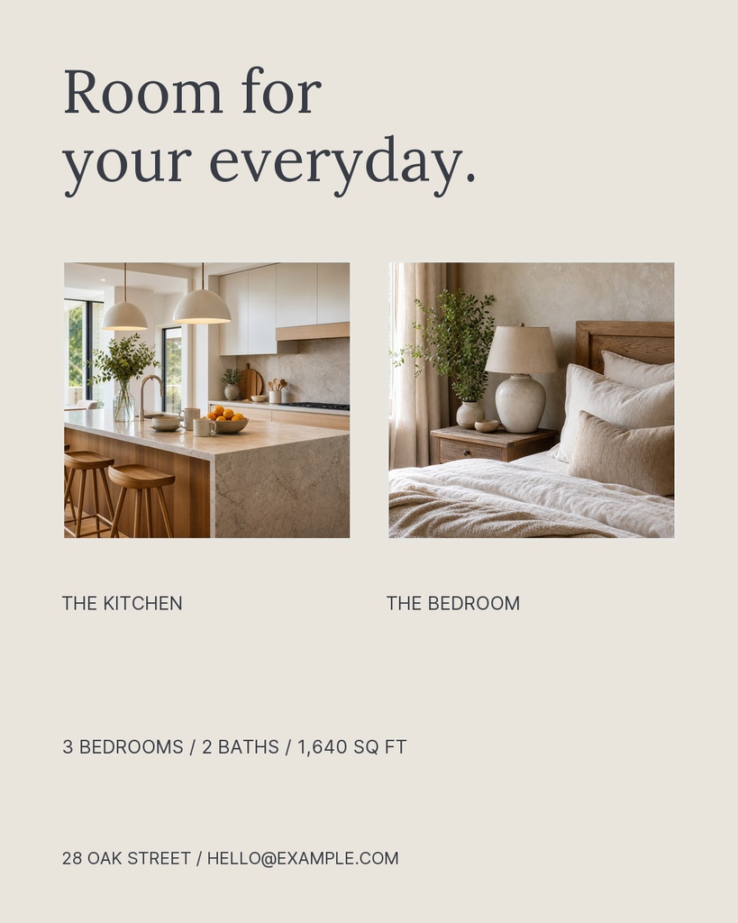 Portrait real estate layout with headline, two room photos, and townhouse details.