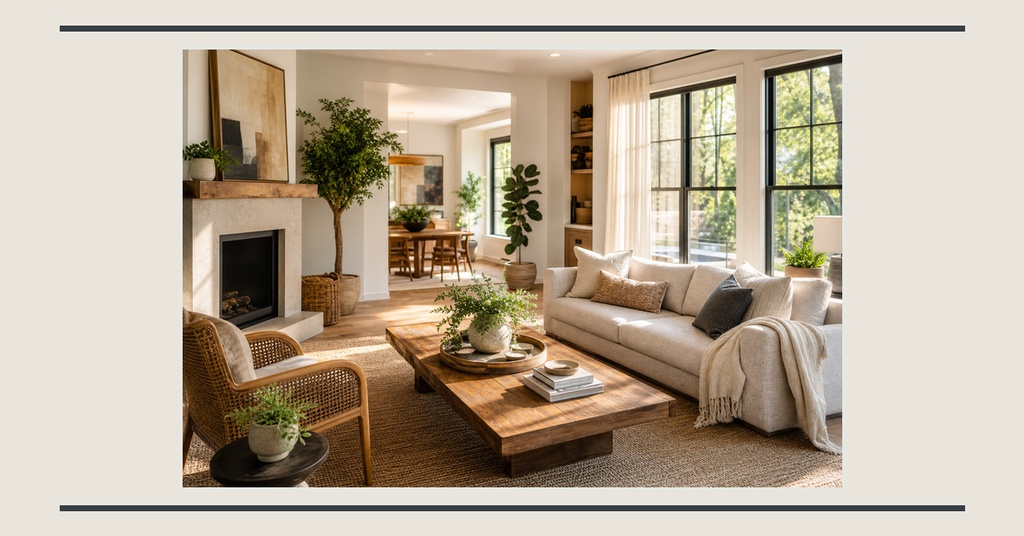 Bright living room with fireplace, large windows, and neutral furniture in a landscape layout.
