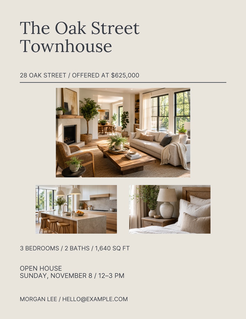 Portrait real estate flyer for The Oak Street Townhouse with property photos, price, open house details, and agent contact.