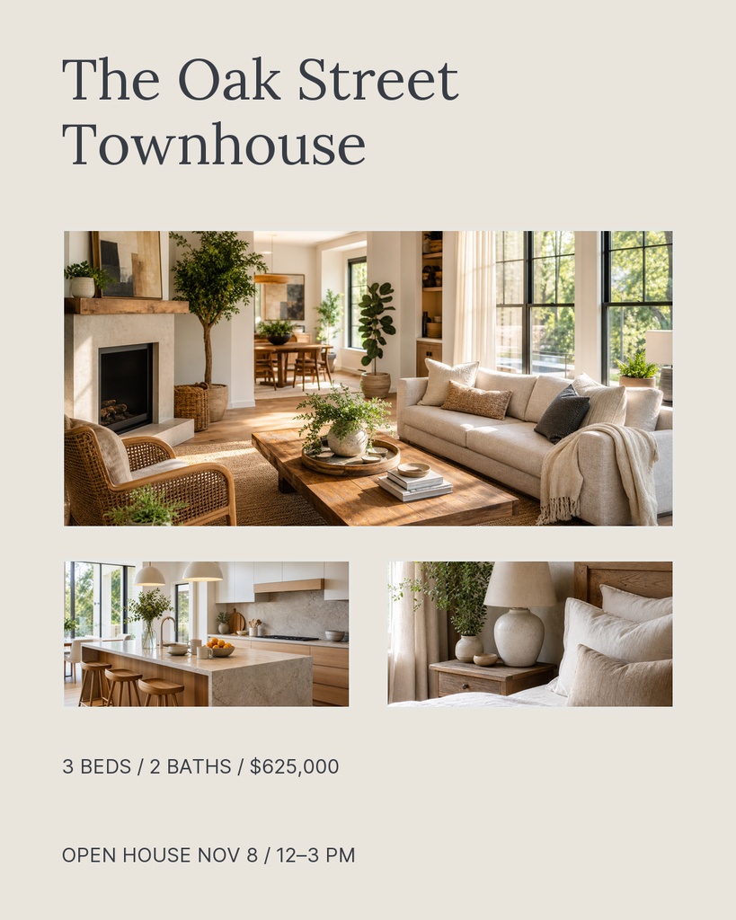 Portrait real estate post with townhouse photos, listing details, price, and open house time.