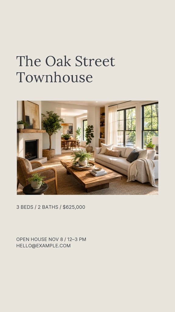 Portrait real estate template featuring The Oak Street Townhouse title, living room photo, and open house details.