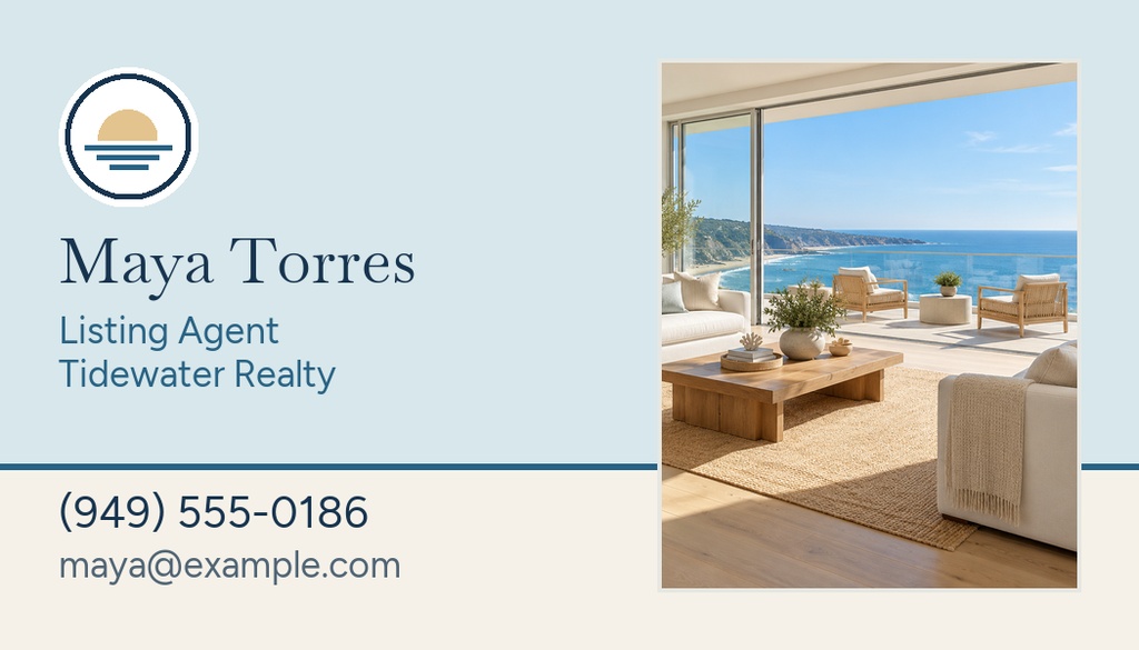 Landscape business card with agent name, contact details, and a condo ocean view photo.