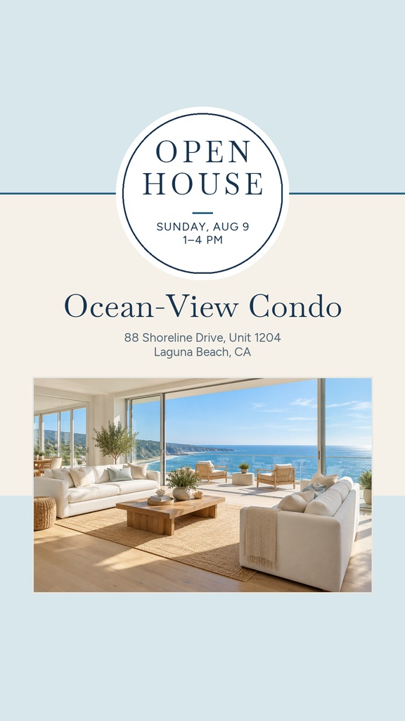 Instagram story template with open house text and a bright ocean-view condo living room photo.
