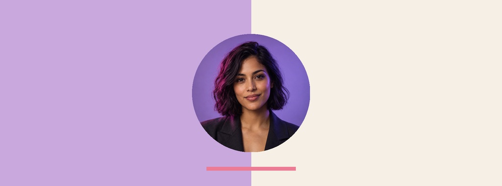 Portrait of a woman in a circular photo on a split lavender and beige cover background.