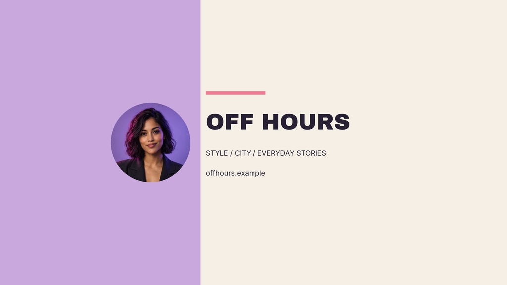 Minimal YouTube banner with a portrait circle, OFF HOURS text, and a soft lavender and beige layout