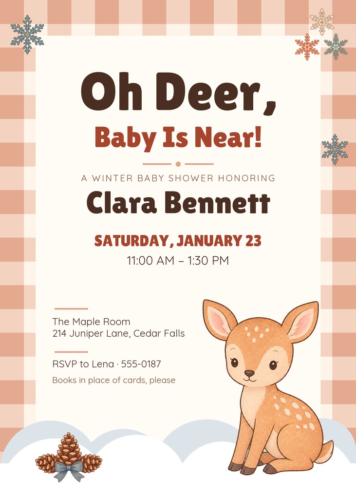 Winter baby shower invitation with a baby deer, plaid border, and woodland decorations