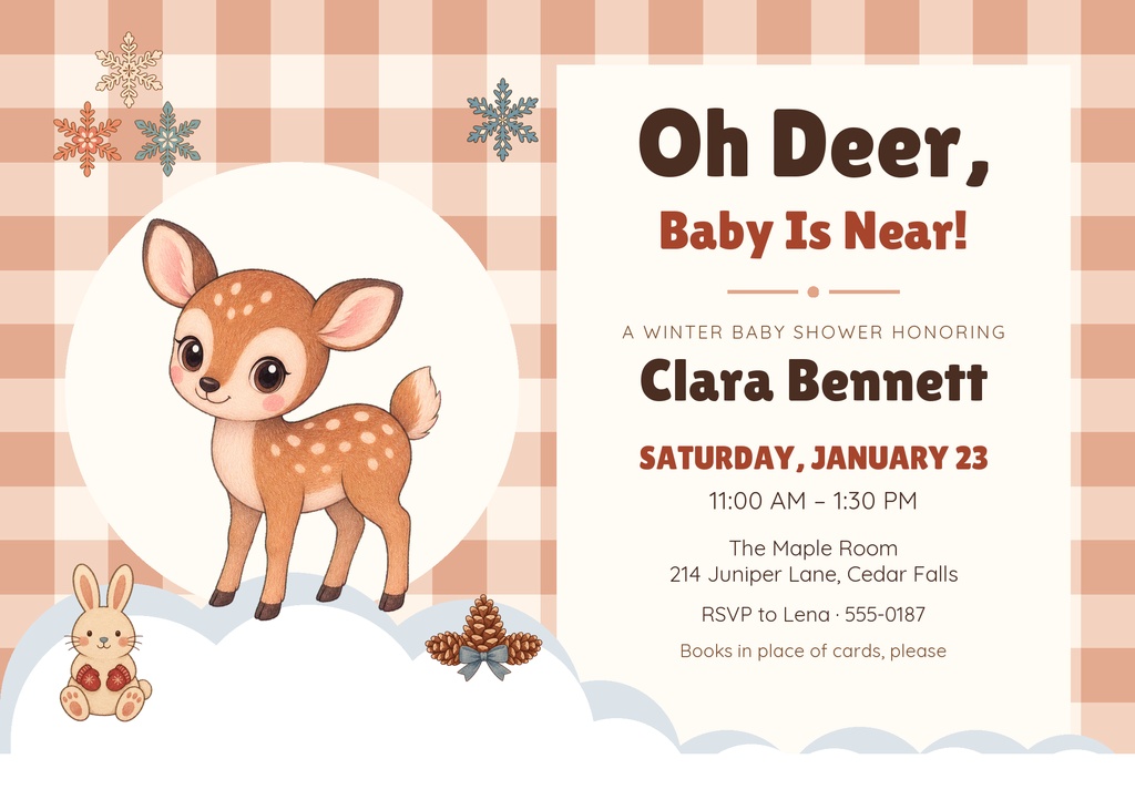Woodland baby shower invitation with a cartoon fawn, bunny, pinecones, and winter plaid background.