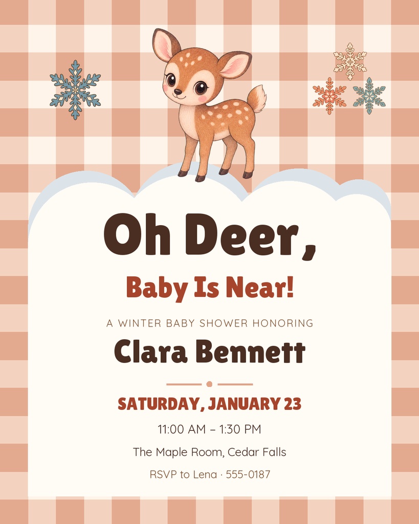 Cute baby deer above a winter baby shower invitation with snowflakes and plaid background.