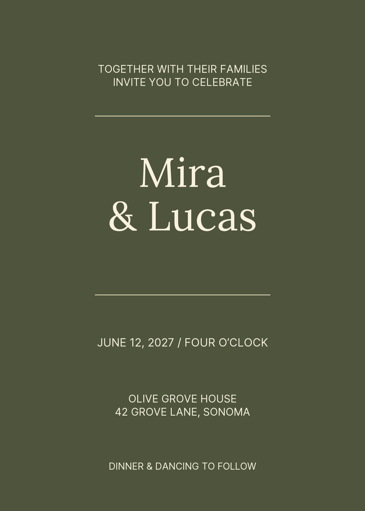 Portrait wedding invitation with olive green background and ivory text for Mira and Lucas.