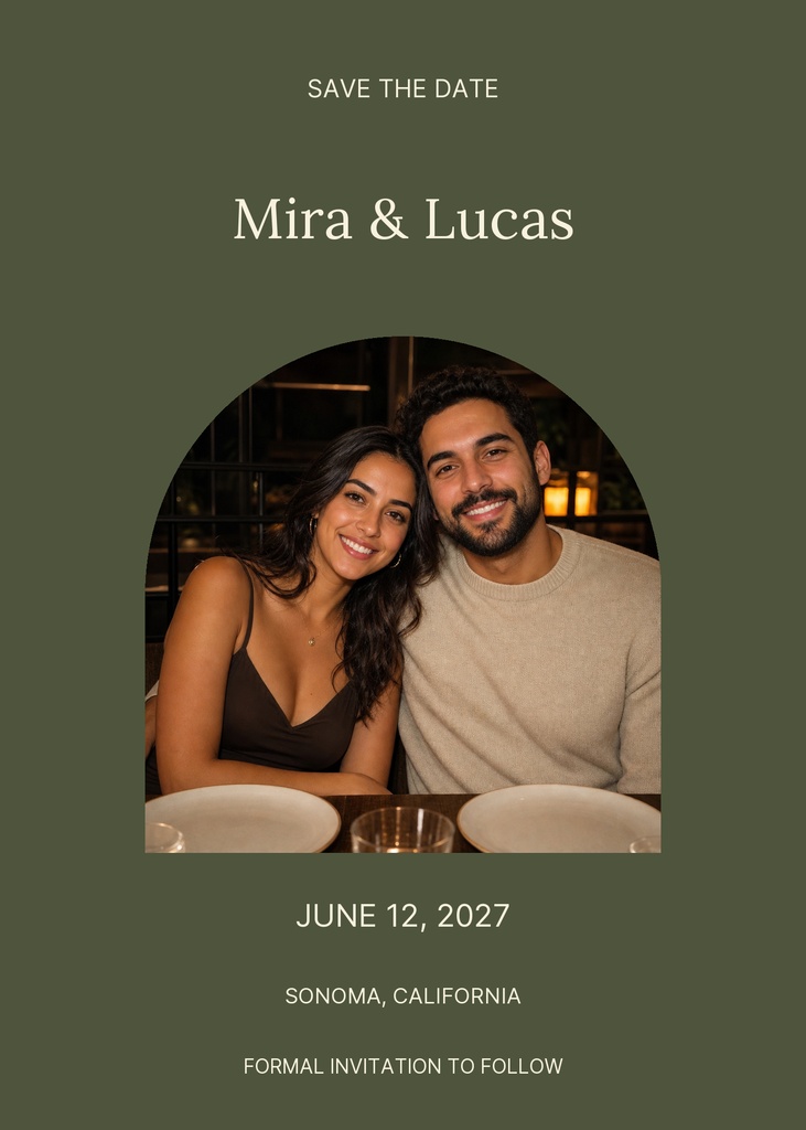 Olive green save the date card with a couple photo, names, date, and location text.