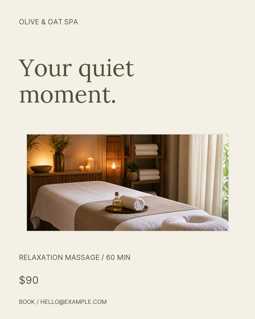 Minimal spa portrait post with quiet moment headline, massage photo, price, and booking details.
