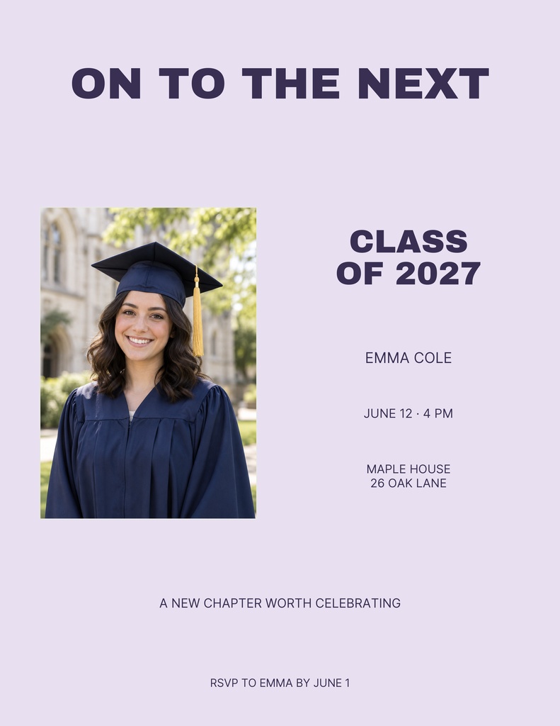 Portrait graduation flyer with a graduate photo, bold title, and Class of 2027 event details on a light purple background.