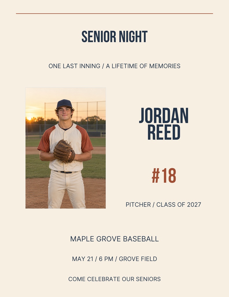 Baseball senior night flyer with a player portrait, senior name, jersey number, and event details.