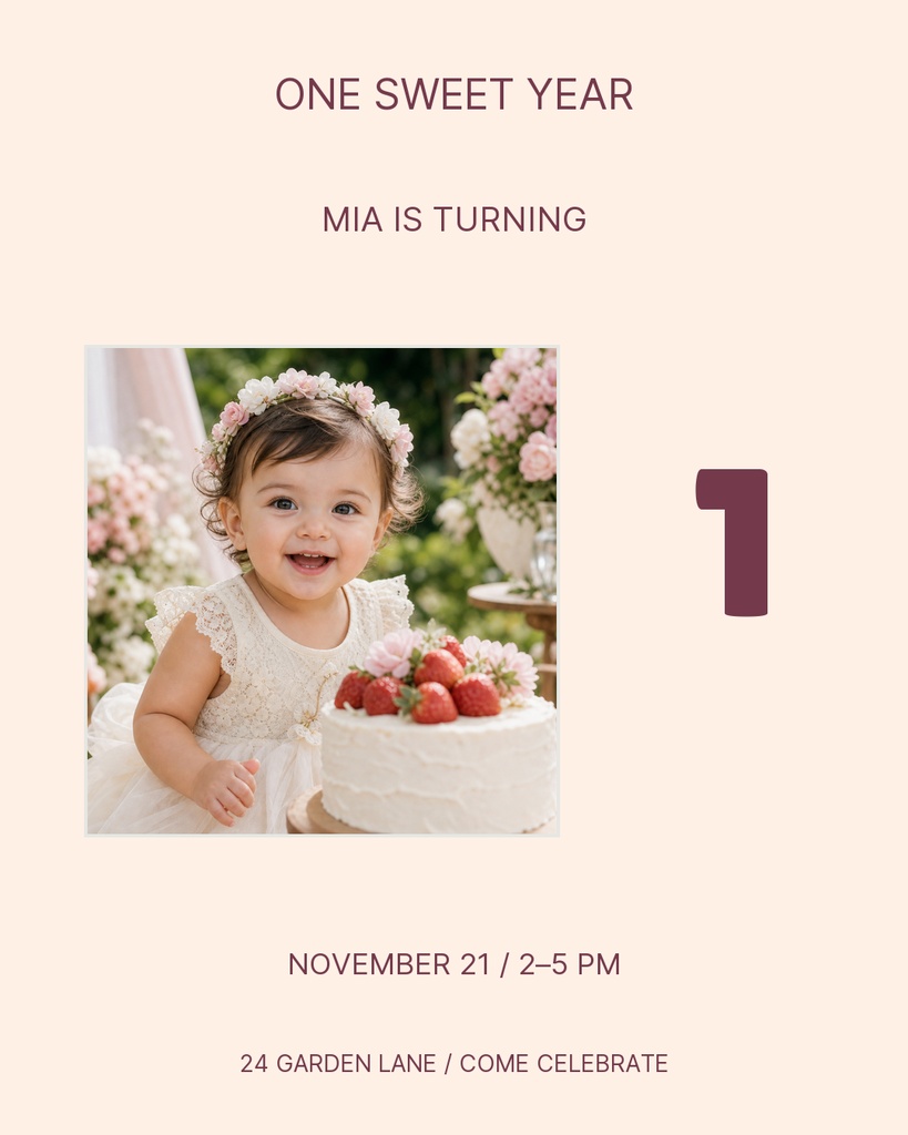 Portrait invitation with a smiling toddler beside a cake and the text One Sweet Year.