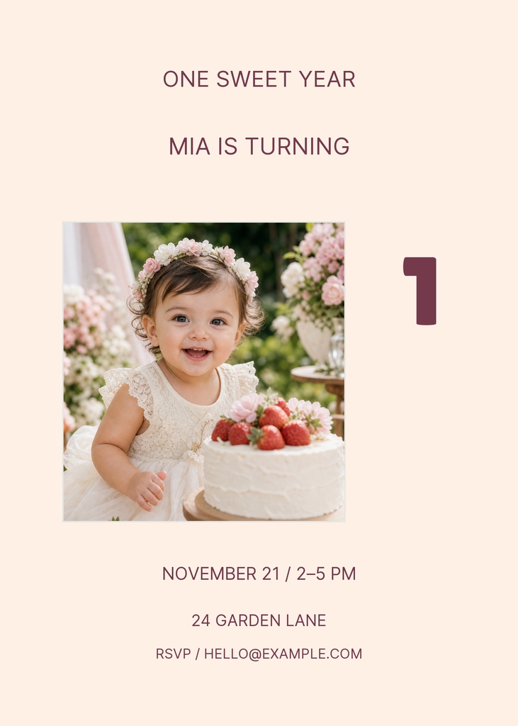 Portrait birthday invitation with a toddler photo, floral cake, and soft beige background.