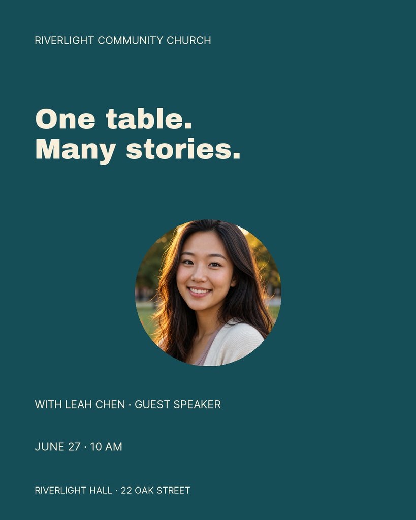 Portrait church event poster with bold text, speaker photo, and event details on teal background