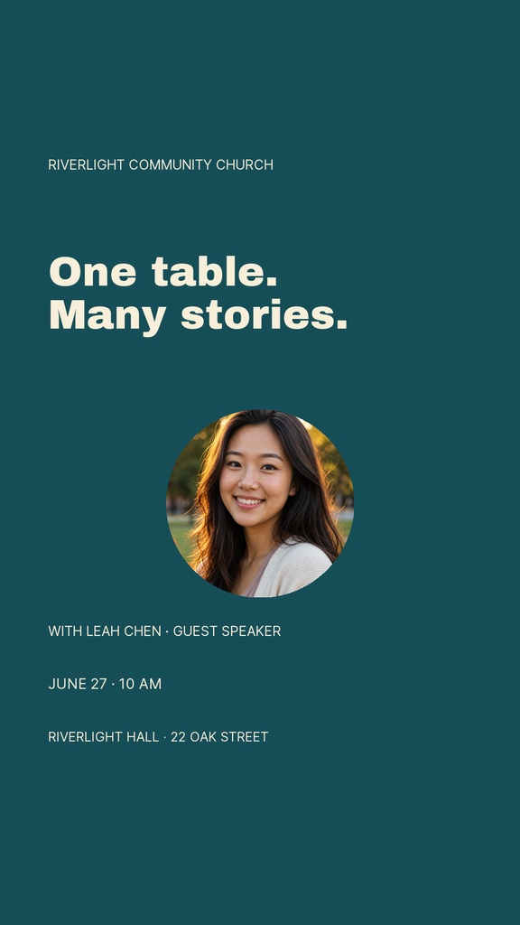 Portrait church template with teal background, bold headline, circular speaker photo, and event details.