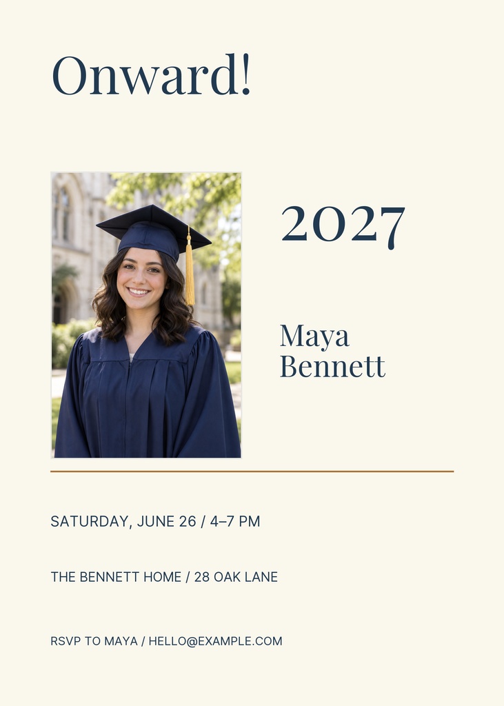 Cream graduation invitation with a graduate portrait, Onward headline, and Class of 2027 text.