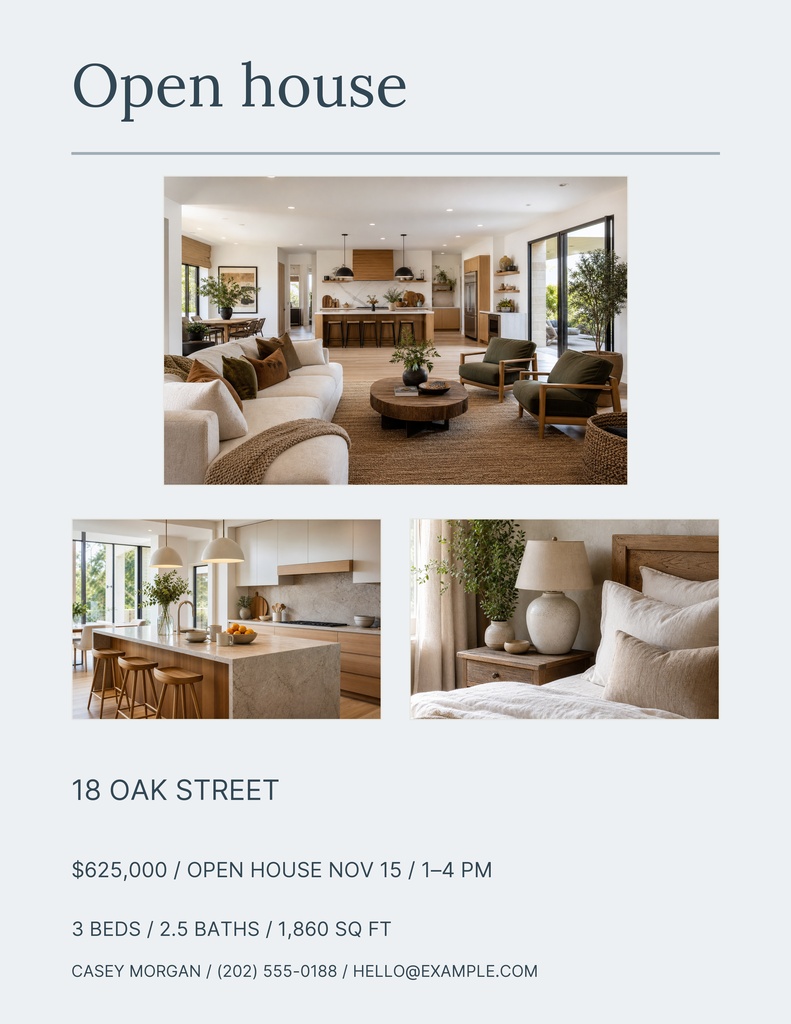 Portrait open house flyer with interior photos, property details, price, and agent contact information.