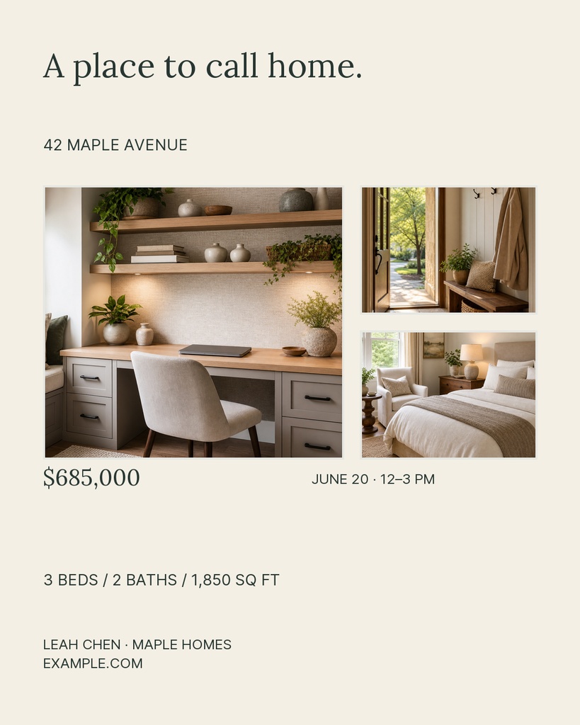 Minimal real estate listing layout with home photos, price, address, and open house details.