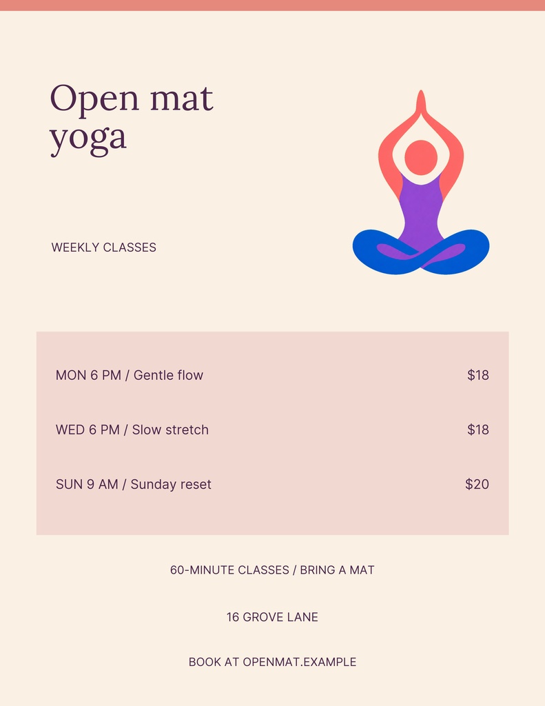 Portrait yoga class schedule with open mat yoga title, seated figure icon, and weekly class listings.