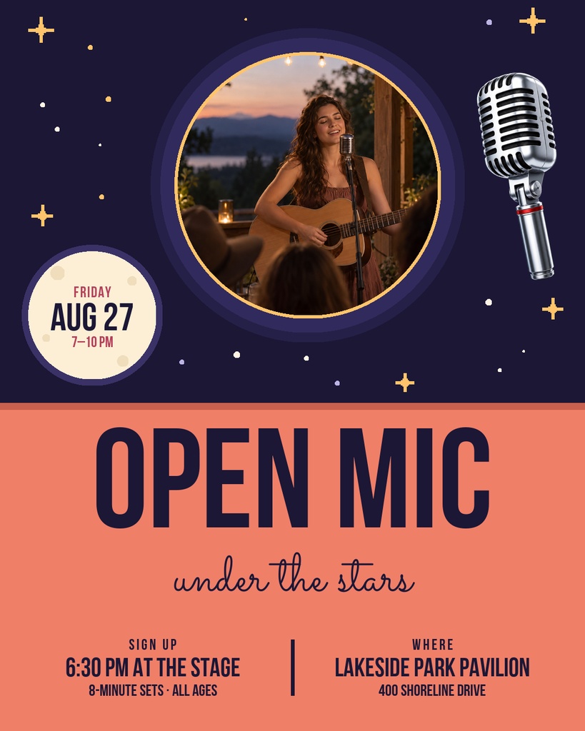 Portrait flyer with a singer at a microphone, stars, event date, and open mic details.