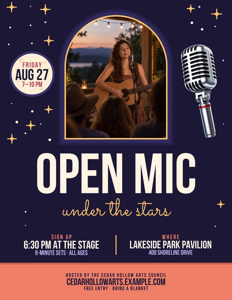 Portrait flyer with a singer under string lights, microphone graphic, and open mic event details on a dark background.