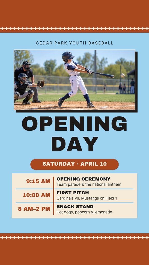 Youth baseball player swinging a bat during an opening day game with schedule text below.