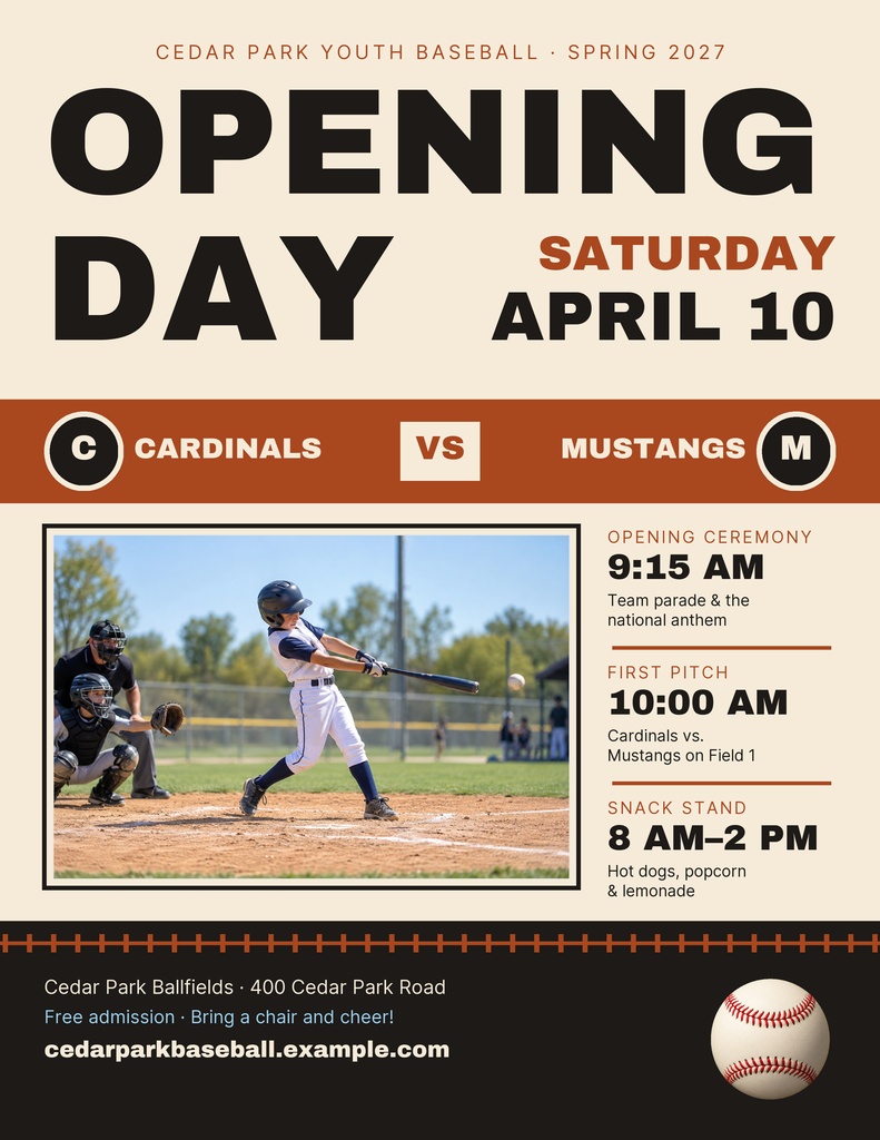 Youth baseball opening day flyer with game details, team names, and a batting photo.