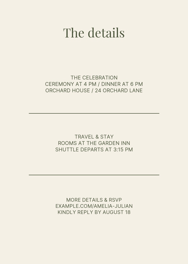 Minimal portrait wedding details card with centered text and thin divider lines on a cream background.