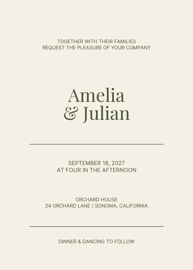 Minimal wedding invitation with olive text on a cream background.