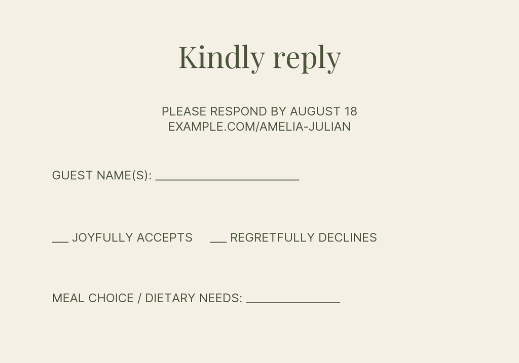 Minimal wedding RSVP card with olive text on a cream background and reply lines