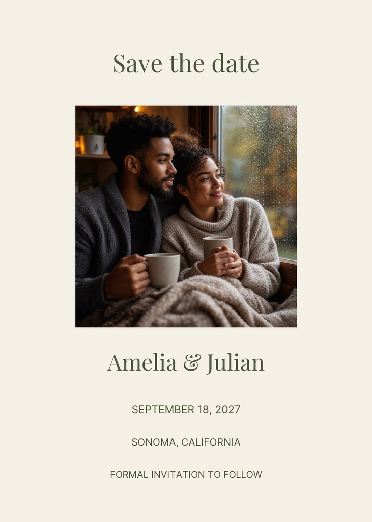 Minimal save the date wedding template with a couple photo and centered event details.