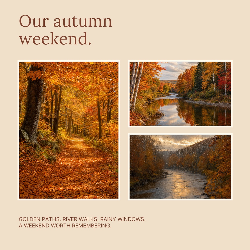 Square collage with three autumn landscape photos, warm beige background, and the title Our autumn weekend.