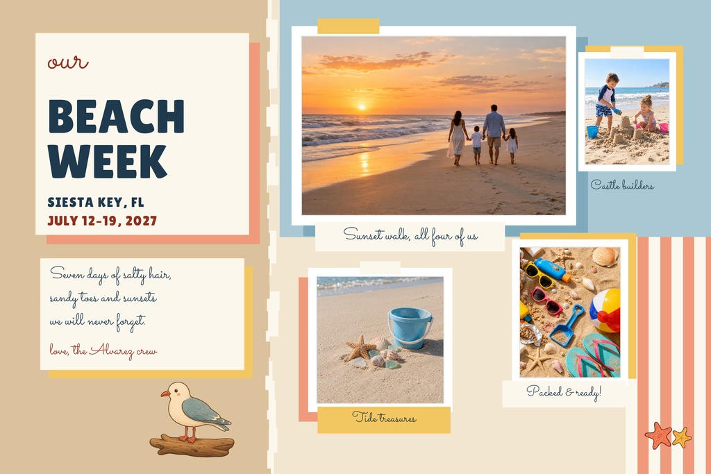 Beach vacation scrapbook collage with sunset, sand toys, seashells, and family photos