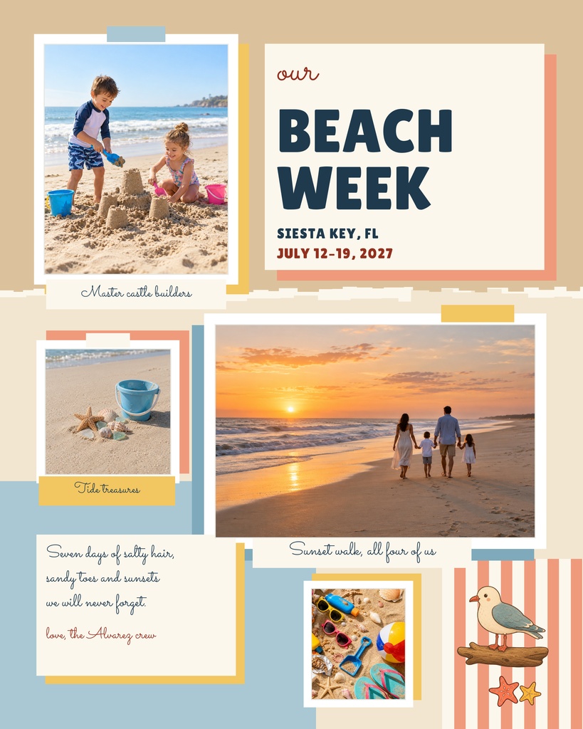 Beach vacation scrapbook page with family photos, beach details, and the title Our Beach Week.
