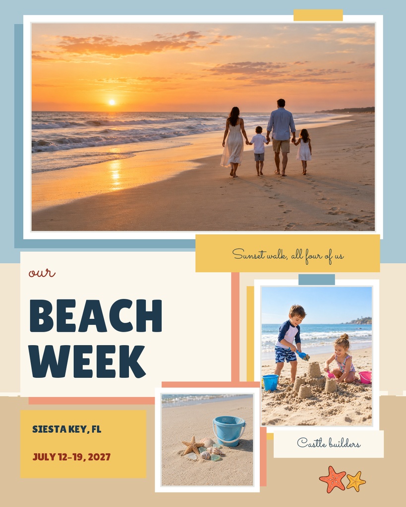 Beach week portrait collage template with sunset beach photo, children building sandcastles, and a family title layout