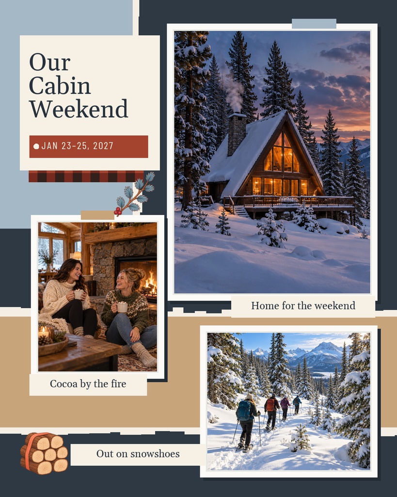 Portrait collage template with cabin getaway photos, winter scenery, and caption blocks.