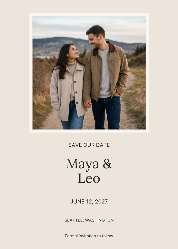 Portrait save the date card with a couple photo, names Maya and Leo, and wedding date details.