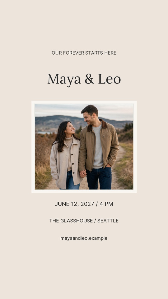 Minimal beige wedding story template with a couple photo and event details for Maya and Leo.