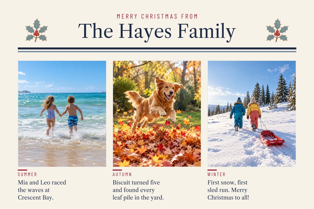 Holiday letter collage with three family photos, Christmas greeting, and seasonal captions.