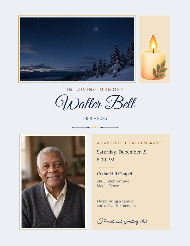 Memorial flyer with winter landscape, candle icon, portrait photo, and remembrance text for Walter Bell.