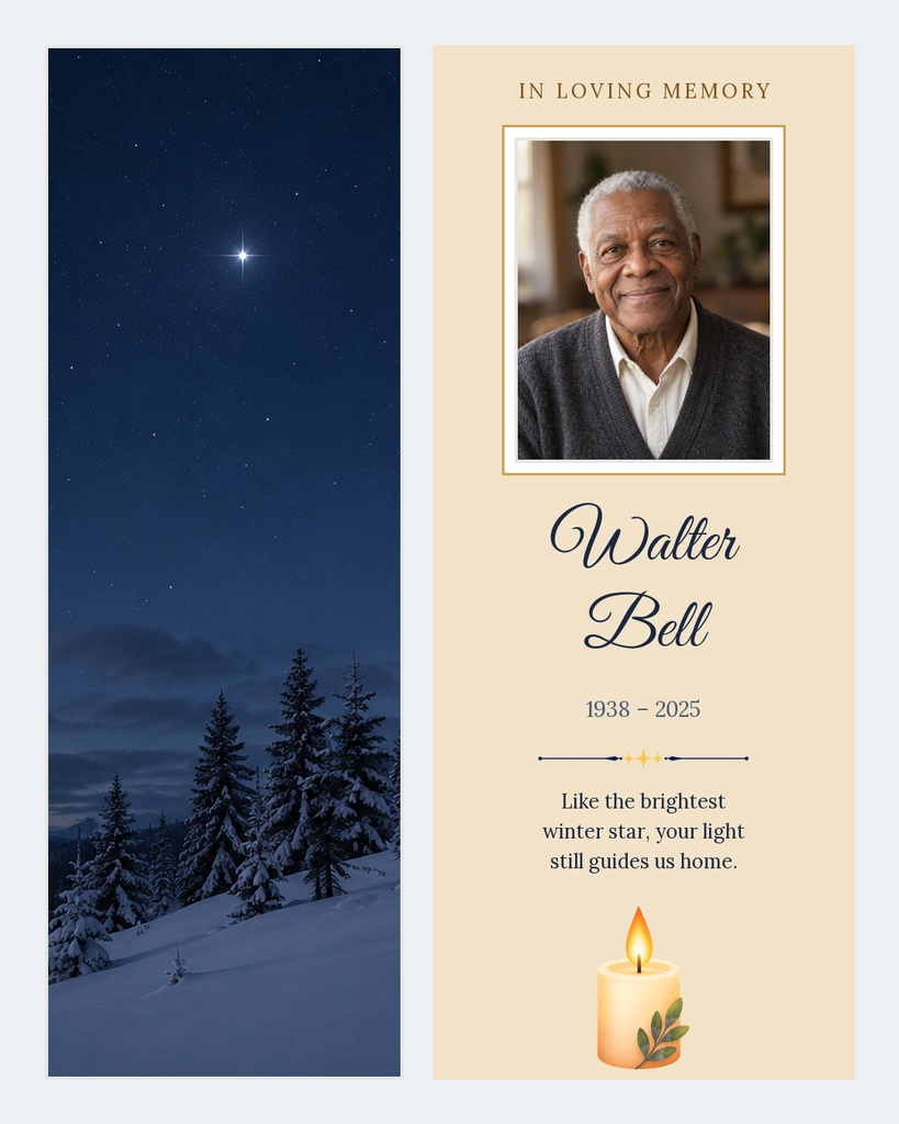Memorial portrait card with an elderly man’s photo, winter sky, candle, and remembrance text.