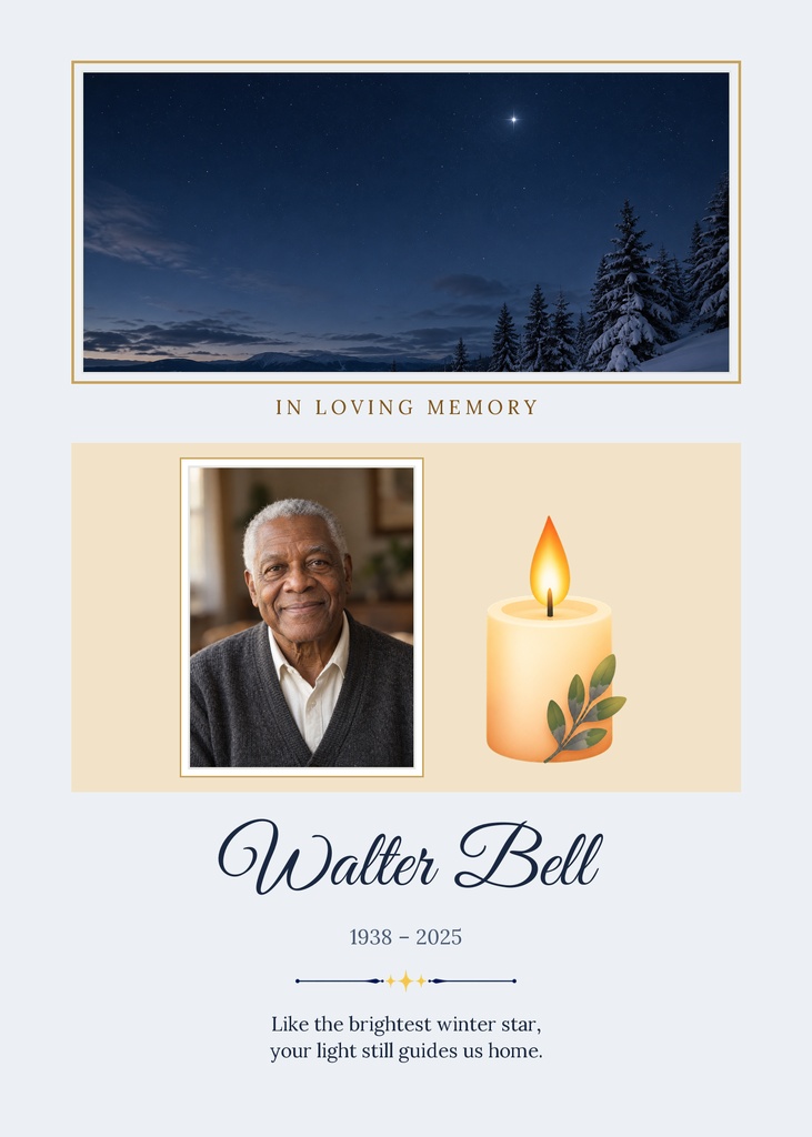 Winter memorial card with landscape sky, portrait photo, candle, and remembrance text.