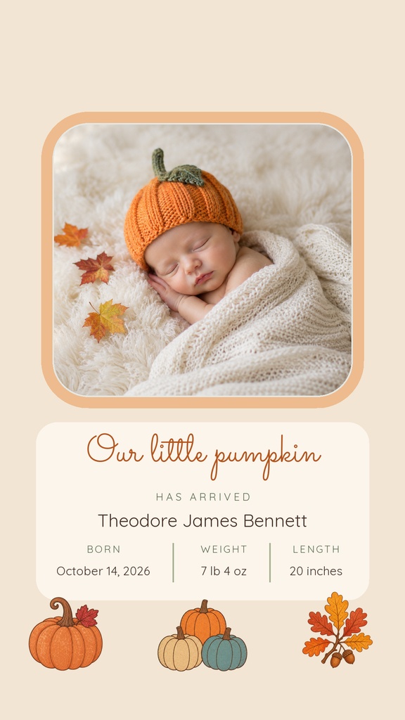 Postcard Example Portrait Our Little Pumpkin Has Arrived Story Opener Template - Design Templates