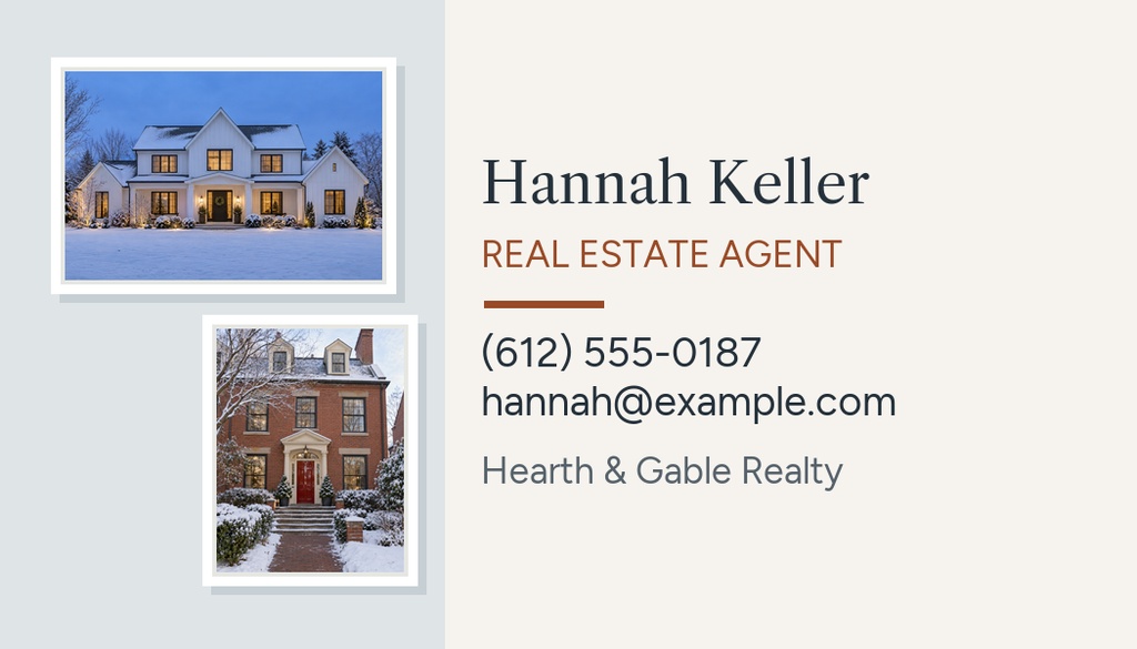 Landscape real estate contact card with two home photos and agent contact details.