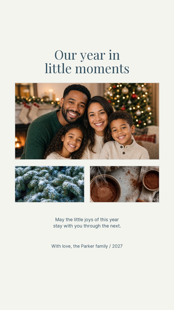 Family holiday card template with a large portrait photo, two smaller photos, and the title Our Year in Little Moments.