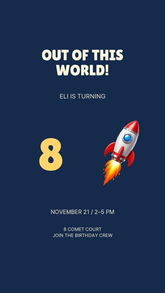 Dark blue birthday invitation with large eight, rocket, and out of this world text.
